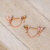 14G 5/8 Aurora Gem Rose Gold Tone Butterfly Dangle Nipple Ring Set