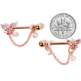 14G 5/8 Aurora Gem Rose Gold Tone Butterfly Dangle Nipple Ring Set