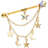 14G Aurora Gem Gold Tone Moon Star Dangle Industrial Barbell 38mm