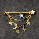 14G Aurora Gem Gold Tone Moon Star Dangle Industrial Barbell 38mm