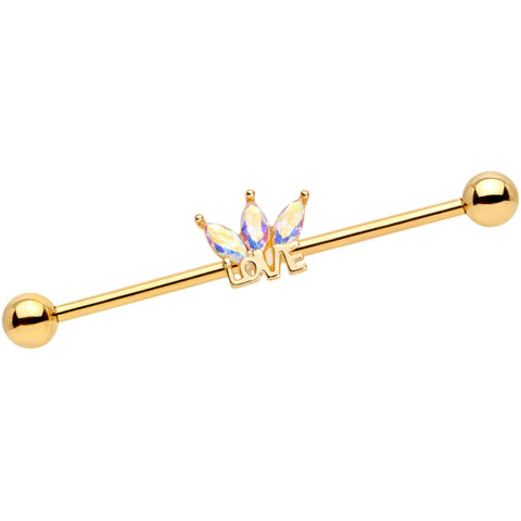 14G Aurora Gem Gold Tone Crown Love Industrial Barbell 38mm