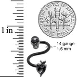 14G 1/2 Black CZ Gem Halloween Skull Spiral Twister Belly Ring