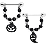 14G 5/8 Black Pumpkin Ghost Halloween Dangle Nipple Ring Set