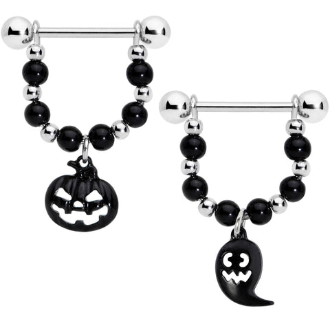 14G 5/8 Black Pumpkin Ghost Halloween Dangle Nipple Ring Set