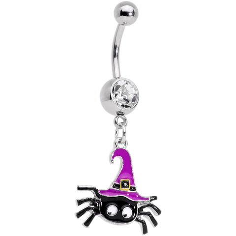 Clear Gem Black Purple Witchy Spider Halloween Dangle Belly Ring