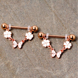 14G 5/8 Gold Tone White Flower Butterfly Dangle Nipple Ring Set