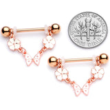 14G 5/8 Gold Tone White Flower Butterfly Dangle Nipple Ring Set