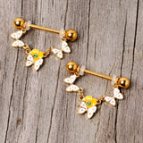 14G 5/8 Green Gem Gold Tone Butterfly Dangle Nipple Ring Set