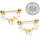 14G 5/8 Green Gem Gold Tone Butterfly Dangle Nipple Ring Set