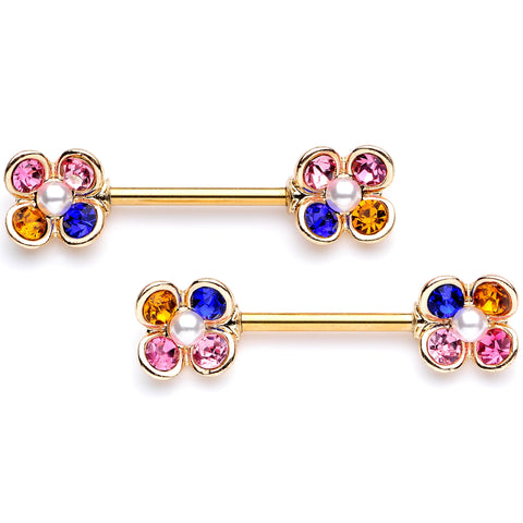 14G 9/16 Pink Blue Gem Gold Tone Flower Barbell Nipple Ring Set
