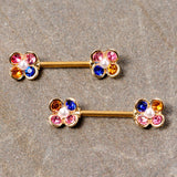 14G 9/16 Pink Blue Gem Gold Tone Flower Barbell Nipple Ring Set