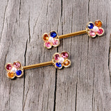 14G 9/16 Pink Blue Gem Gold Tone Flower Barbell Nipple Ring Set