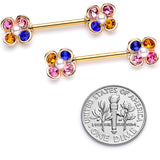 14G 9/16 Pink Blue Gem Gold Tone Flower Barbell Nipple Ring Set