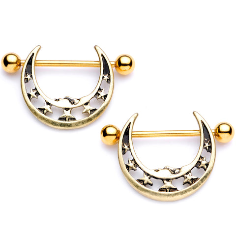14G 7/8 Gold Tone Starry Crescent Moon Nipple Shield Set