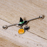 14G Black Cat Witch Hat Halloween Dangle Industrial Barbell 38mm