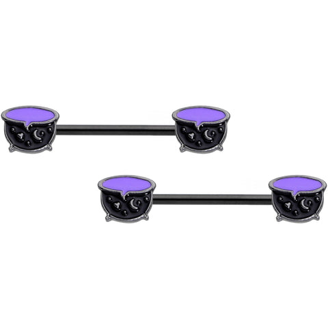 14G 11/16 Black Purple Cauldron Halloween Barbell Nipple Ring Set