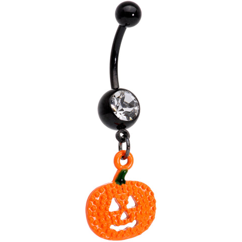 Clear Gem Black Orange Pumpkin Halloween Dangle Belly Ring