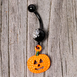 Clear Gem Black Orange Pumpkin Halloween Dangle Belly Ring