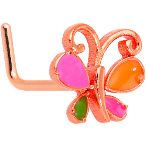 20G 1/4 Pink Orange Rose Gold Tone Butterfly L Shaped Nose Ring
