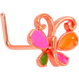 22G 1/4 Pink Orange Rose Gold Tone Butterfly L Shaped Nose Ring