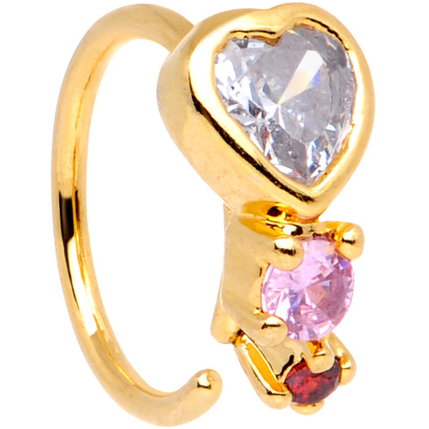 18G 3/8 Clear Pink Red CZ Gem Gold Tone Heart Nose Hoop