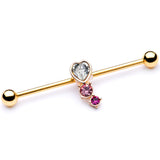 14G Clear Pink Red Gem Gold Tone Heart Industrial Barbell 38mm