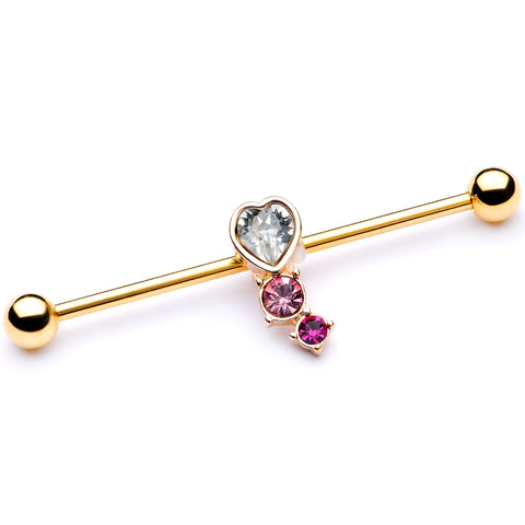 14G Clear Pink Red Gem Gold Tone Heart Industrial Barbell 38mm