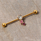 14G Clear Pink Red Gem Gold Tone Heart Industrial Barbell 38mm