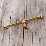 14G Clear Pink Red Gem Gold Tone Heart Industrial Barbell 38mm