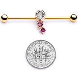 14G Clear Pink Red Gem Gold Tone Heart Industrial Barbell 38mm