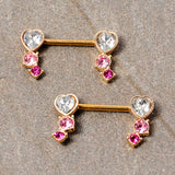 14G 9/16 Clear Pink Red Gem Heart Barbell Nipple Ring Set