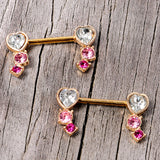 14G 9/16 Clear Pink Red Gem Heart Barbell Nipple Ring Set