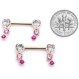 14G 9/16 Clear Pink Red Gem Heart Barbell Nipple Ring Set