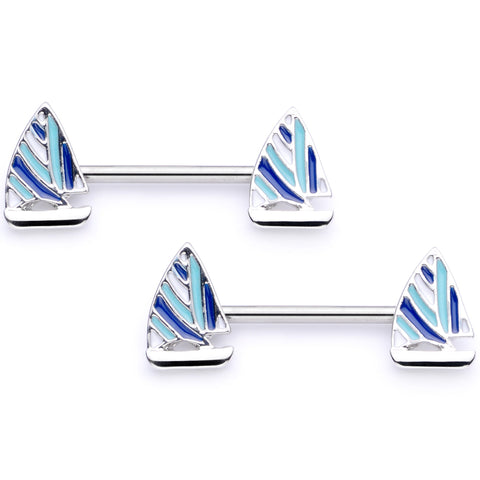 14G 9/16 Blue White Nautical Sailboat Barbell Nipple Ring Set