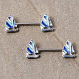 14G 9/16 Blue White Nautical Sailboat Barbell Nipple Ring Set