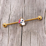 14G Blue Gem Gold Tone Sweet Kitty Cat Industrial Barbell 38mm