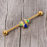 14G Blue Gem Gold Tone Colorful Bee Industrial Barbell 38mm