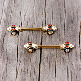14G 9/16 Clear Yellow Gem Gold Tone Bee Barbell Nipple Ring Set