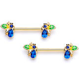 14G 9/16 Blue Gem Gold Tone Colorful Bee Barbell Nipple Ring Set