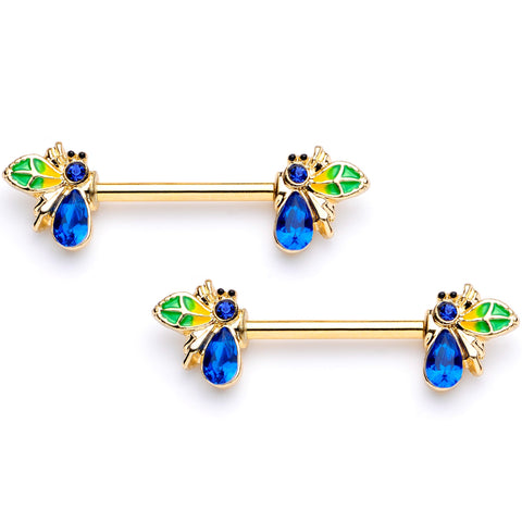 14G 9/16 Blue Gem Gold Tone Colorful Bee Barbell Nipple Ring Set