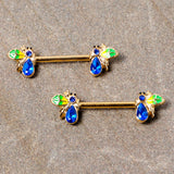 14G 9/16 Blue Gem Gold Tone Colorful Bee Barbell Nipple Ring Set