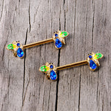 14G 9/16 Blue Gem Gold Tone Colorful Bee Barbell Nipple Ring Set