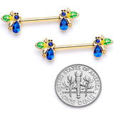 14G 9/16 Blue Gem Gold Tone Colorful Bee Barbell Nipple Ring Set
