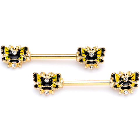 14G 9/16 Clear Gem Gold Tone Butterfly Barbell Nipple Ring Set