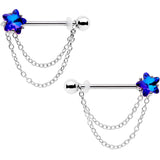 14G 5/8 Blue Purple Gem Star Chain Dangle Barbell Nipple Ring Set