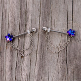 14G 5/8 Blue Purple Gem Star Chain Dangle Barbell Nipple Ring Set