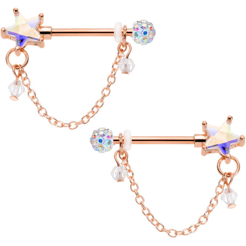 14G 5/8 Aurora Gem Rose Gold Tone Star Dangle Nipple Ring Set