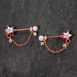 14G 5/8 Aurora Gem Rose Gold Tone Star Dangle Nipple Ring Set