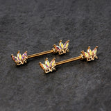14G 9/16 Aurora Gem Gold Tone Crown Love Barbell Nipple Ring Set