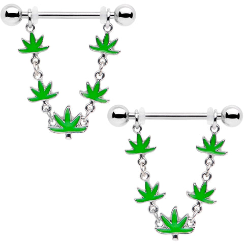 14G 5/8 Green Marijuana Pot Leaf Dangle Barbell Nipple Ring Set